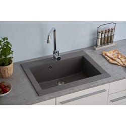 Vier Évier de cuisine Évier à encastrer granit Évier Mineralite 66 x 50 gris Respekta