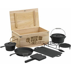 Bbq-toro - Dutch Oven Set dans une boîte en bois (10 pièces) fonte - déjà brûlé