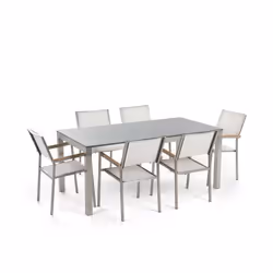 Ensemble table et chaises de jardin en granit gris poli 180 cm et textile blanc - BELIANI - GROSSETO