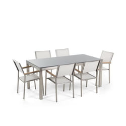 Ensemble table et chaises de jardin en granit gris poli 180 cm et textile blanc - BELIANI - GROSSETO