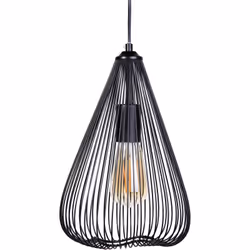 Lampe suspension avec abat-jour moderne en métal noir. Le caractère moderne de la lampe est souligné par des fines entretoise ...