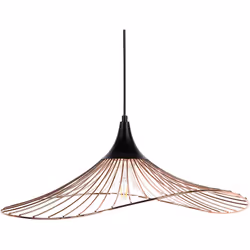 Lampe suspension métallique cuivré en forme de trompette. L'abat-jour rond de la lampe est fabriqué à partir d'une tresse de  ...