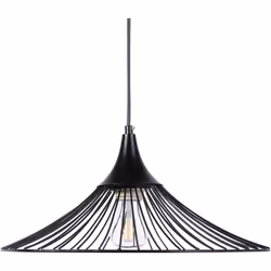 Plafonnier design avec abat-jour en métal noir. L'abat-jour rond est fabriqué à partir d'une tresse de métal noir qui s'élarg ...