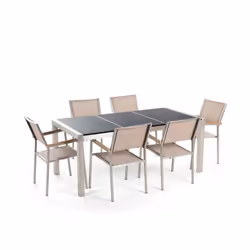 Beliani - Table de jardin plateau granit noir poli 180 cm 6 chaises beiges GROSSETO