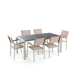 Beliani - Table de jardin plateau granit noir poli 180 cm 6 chaises beiges GROSSETO