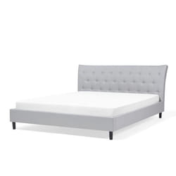 Lit double contemporain gris clair BELIANI SAVERNE - 180x200 cm - A lattes - Boutons décoratifs