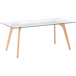 Table de repas avec plateau en verre et pieds en bois. Cette table de repas au design sobre et élégant offrira un look très b ...