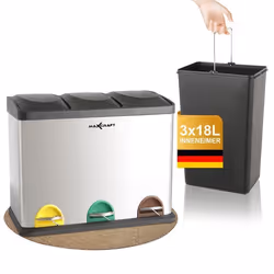 MAXCRAFT Poubelle à pédale Déchets avec 3 Compartiments et Pédales Inodore Acier inoxydable - 54 Litre (3 x 18 litre)