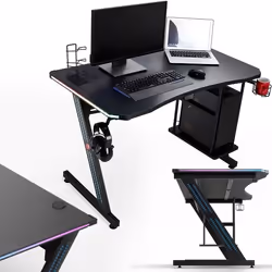 Bureau Gaming Table Gizmo MY SIT - LED Lumières - Support pour Casque et PC - Porte-gobelet - Noir