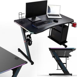 Bureau Gaming Table Gizmo MY SIT - LED Lumières - Support pour Casque et PC - Porte-gobelet - Noir