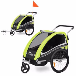 Remorque vélo pour 2 enfants - SAMAX - 2 en 1 - 360° rotatif - Amortisseur Transport Poussette - en Vert - Black Edition