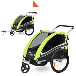 Remorque vélo pour 2 enfants - SAMAX - 2 en 1 - 360° rotatif - Amortisseur Transport Poussette - en Vert - Black Edition