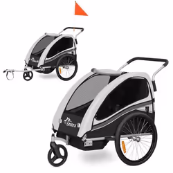 Remorque vélo pour 2 enfants - SAMAX - 2 en 1 - 360° rotatif - Amortisseur Transport Poussette - en Gris - Black Edition