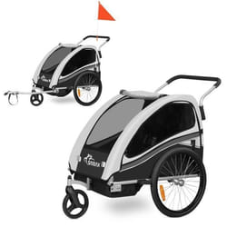 Remorque vélo pour 2 enfants - SAMAX - 2 en 1 - 360° rotatif - Amortisseur Transport Poussette - en Gris - Black Edition