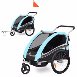 Remorque vélo pour 2 enfants - SAMAX - 2 en 1 - 360° rotatif - Amortisseur Transport Poussette - en Turquoise - Black Edition