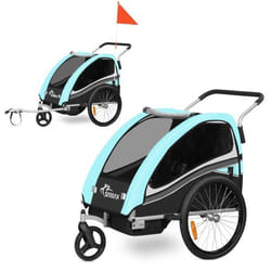 Remorque vélo pour 2 enfants - SAMAX - 2 en 1 - 360° rotatif - Amortisseur Transport Poussette - en Turquoise - Black Edition