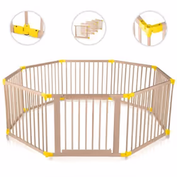 Parc Bébé en Bois - BABY VIVO - 8 Éléments - Barrière Sécurité Pliable - avec Porte - PREMIUM Jaune
