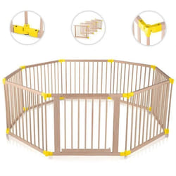 Parc Bébé en Bois - BABY VIVO - 8 Éléments - Barrière Sécurité Pliable - avec Porte - PREMIUM Jaune