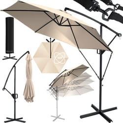 Alu Parasol de camping + couverture Ø300 cm / Ø350 cm avec dispositif à manivelle Parasol à manivelle avec support Protection uv Aluminium 350cm /
