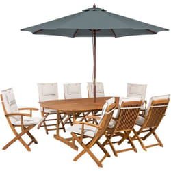 Ensemble Extérieur Salle à Manger de Jardin Table Extensible 8 Chaises Pliantes avec Parasol et Coussins Blanc Cassé Maui