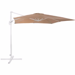 Parasol avec pied déporté blanc et toile beige sable. Ce grand parasol de jardin présente un design épuré et minimaliste qui  ...