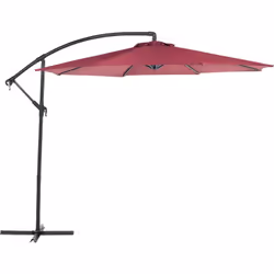 Grand parasol déporté avec toile rouge bordeaux. Un parasol de jardin fonctionnel au design soigné et facile à utiliser. Il e ...