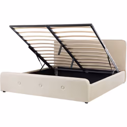 Lit deux places avec rangement. Ce charmant lit double est composé d'un cadre tapissé en tissu beige avec des boutons décorat ...