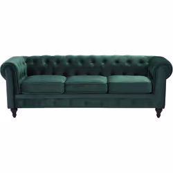 Canapé 3 places en velours vert au style anglais classique. Ce somptueux canapé Chesterfield en velours vert de haute qualité ...