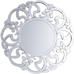 Beliani - Miroir Mural Rond avec Cadre Décoratif Motif Baroque de Couleur Argenté pour Salon et Chambre Glamour ou Moderne