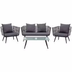 Salon de jardin 4 places moderne en rotin avec coussin gris graphite. Cet ensemble au design classique offre des sièges confo ...