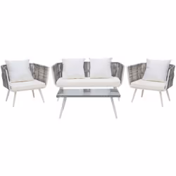 Salon de jardin 4 places moderne en rotin avec coussins blanc cassé. Cet ensemble au design classique offre des sièges confor ...
