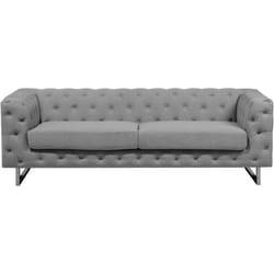 Canapé Fixe 3 Places Style Chesterfield Capitonnés en Tissu Gris Clair avec Pieds en Acier Inox Top Tendance pour Salon Chic et Glamour Beliani