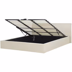 Lit avec rangement sous le sommier. Ce lit double moderne est composé d'un cadre tapissé en tissu beige avec des lignes délic ...