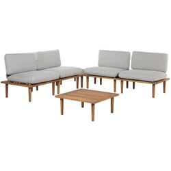 Set de Jardin ou Terrasse 4 Places 1 Table d'Appoint et 4 Fauteuils en Bois d'Acacia Certifié avec Coussins Gris Design Durable et Style Contemporain
