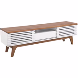 Meuble TV avec tiroir et portes coulissantes. Ce meuble TV en couleur bois foncé et blanc au design moderne s'intégrera parfa ...