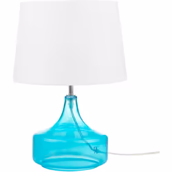 Lampe de chevet moderne avec base transparente. Une jolie lampe de chevet en bleu et blanc. La base en verre et en forme de b ...