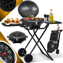 Gril électrique de table 2en1 - Gril sur pied avec couvercle et pied, max. 2400 Watt, Pliable, Thermomètre, Revêtement antiadhésif, Noir - Kesser