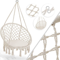 Fauteuil suspendu 150kg avec 2 anneaux en acier Coussin tressé Franges Chaise suspendue Panier à bascule Jardin Intérieur Résistant aux intempéries