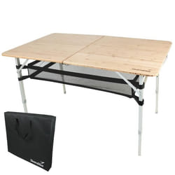 Table de Camping Pliante en Bambou et Aluminium Skandika Tolja -Filet de Rangement 120x70 cm - Hauteur réglable - Robuste