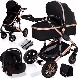 KESSER® 3en1 poussette combinée trio landau complet avec baignoire bébé et siège de sport pour et siège auto noir/or rose