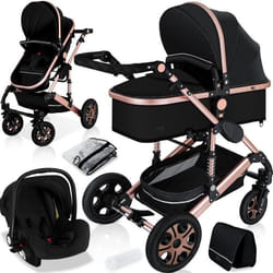 KESSER® 3en1 poussette combinée trio landau complet avec baignoire bébé et siège de sport pour et siège auto noir/or rose