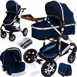 KESSER® 3en1 poussette combinée trio landau complet avec baignoire bébé et siège de sport pour et siège auto bleu/argent