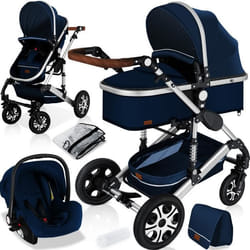 KESSER® 3en1 poussette combinée trio landau complet avec baignoire bébé et siège de sport pour et siège auto bleu/argent