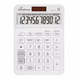 MediaRange MROS191, Bureau, Calculatrice basique, 12 chiffres, Batterie/Solaire, Blanc