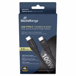 MediaRange MRCS218, 3 m, USB C, USB C, USB 3.2 Gen 1 (3.1 Gen 1), 10 Gbit/s, Noir