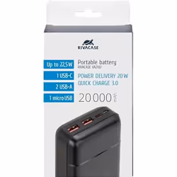 Powerbank 20000mAh 1 port USB C 22.5W PD/QC Noir Rivacase - TU