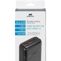 Powerbank 20000mAh 1 port USB C 22.5W PD/QC Noir Rivacase - TU