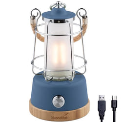 Lampe de Camping LED - Skandika Kiruna - Lanterne rétro bambou avec Powerbank - Rechargeable - USB - 75 h Autonomie - Bleu