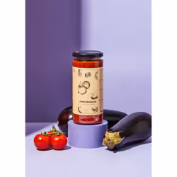 KoRo SAUCE_007, 33% purée de tomates, 22% pâte de tomates, 15% aubergine, 11% concentré de tomates, eau,..., Italie, 55 kcal, ...