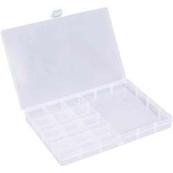 23SA086 Mallette de rangement (l x l x h) 19.5 x 13.1 x 2.2 cm Nombre de compartiments: 13 séparations fixes Contenu 1 pc(s) V906243 - Quadrios
